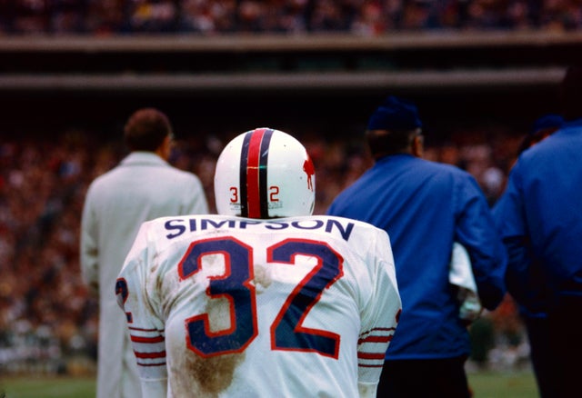 O.J. Simpson sitting on the bench during an NFL football game between the Buffalo Bills and New York Jets at Shea Stadium, November 12, 1972. 