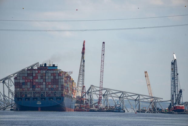 Salvage crews continue to remove wreckage from the cargo ship Dali after the collapse of the Francis Scott Key Bridge in the Patapsco River on April 10, 2024 in Baltimore.