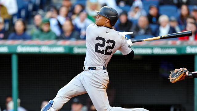 New York Yankees right fielder Juan Soto (22) hits a 3-run home run during the fourth inning of game 2 of the Major League Baseball doubleheader between the New York Yankees and Cleveland Guardians on April 13, 2024, at Progressive Field in Cleveland, OH. 