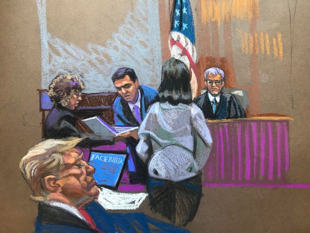 A court sketch showing former President Donald Trump and his attorneys during jury selection in his New York trial on Tuesday, April 16, 2024.