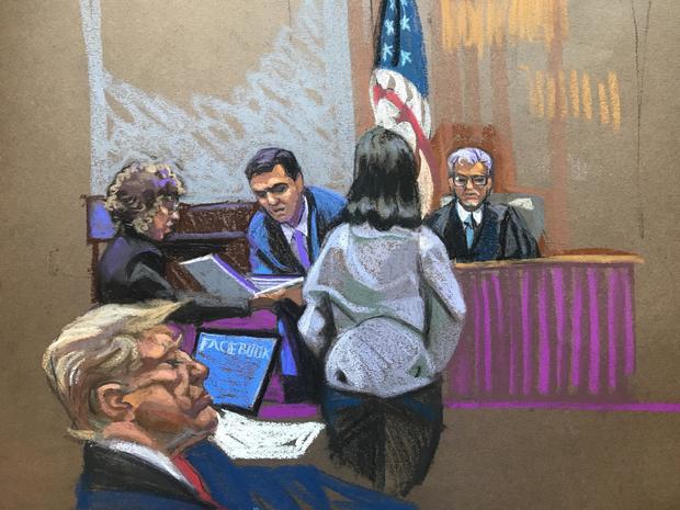 A court sketch showing former President Donald Trump and his attorneys during jury selection in his New York trial on Tuesday, April 16, 2024. 