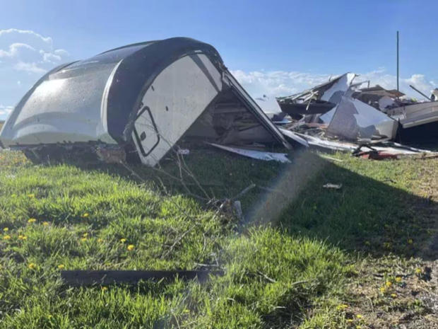 A camper damaged by storms is seen on April 16, 2024, near Overbrook, Kansas 