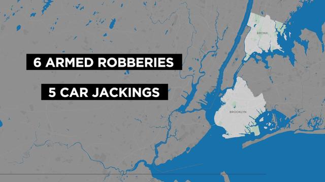 A map highlighting the Bronx and Brooklyn and noting 6 armed robberies and 5 carjackings. 