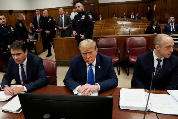 Former President Donald Trump attends his criminal trial as jury selection continues at Manhattan Criminal Court on April 18, 2024, in New York City.