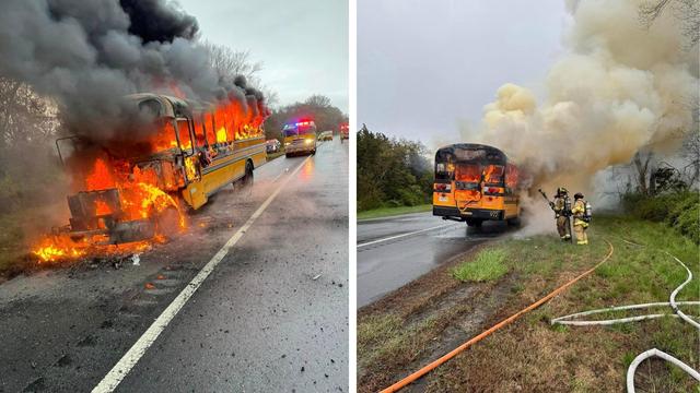 Two photos, a school bus on fire on the left and on the right, fire fighters putting out the fire on the bus, heavy smoke coming from the bus 