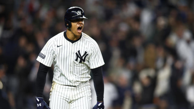 Juan Soto #22 of the New York Yankees reacts after hitting a 3-run home run in the seventh inning against the Tampa Bay Rays at Yankee Stadium on April 19, 2024 in New York City. 
