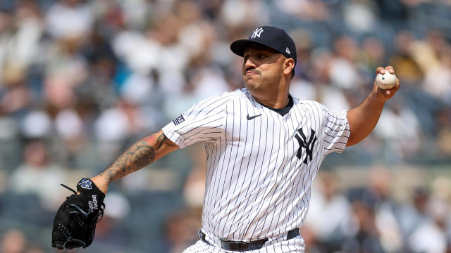 New York Yankees pitcher Nestor Cortes (65) throws to the plate in the first inning during a regular season game between the Tampa Bay Rays and New York Yankees on April 20, 2024 at Yankee Stadium in the Bronx, New York. 