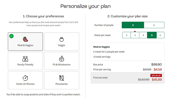 Screencap: HelloFresh plan selection page
