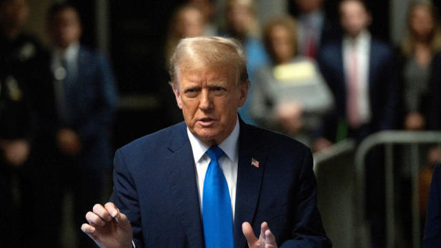 Former President Donald Trump speaks to members of the media at Manhattan Criminal Court in New York, on Monday, April 22, 2024. 