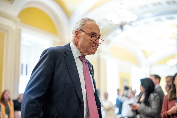 Senate Majority Leader Chuck Schumer walks toward the Senate Chamber on April 16, 2024 in Washington, DC.