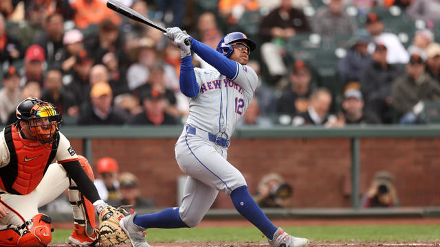 Francisco Lindor #12 of the New York Mets hits a two-run home run against the San Francisco Giants in the third inning at Oracle Park on April 24, 2024 in San Francisco, California. 
