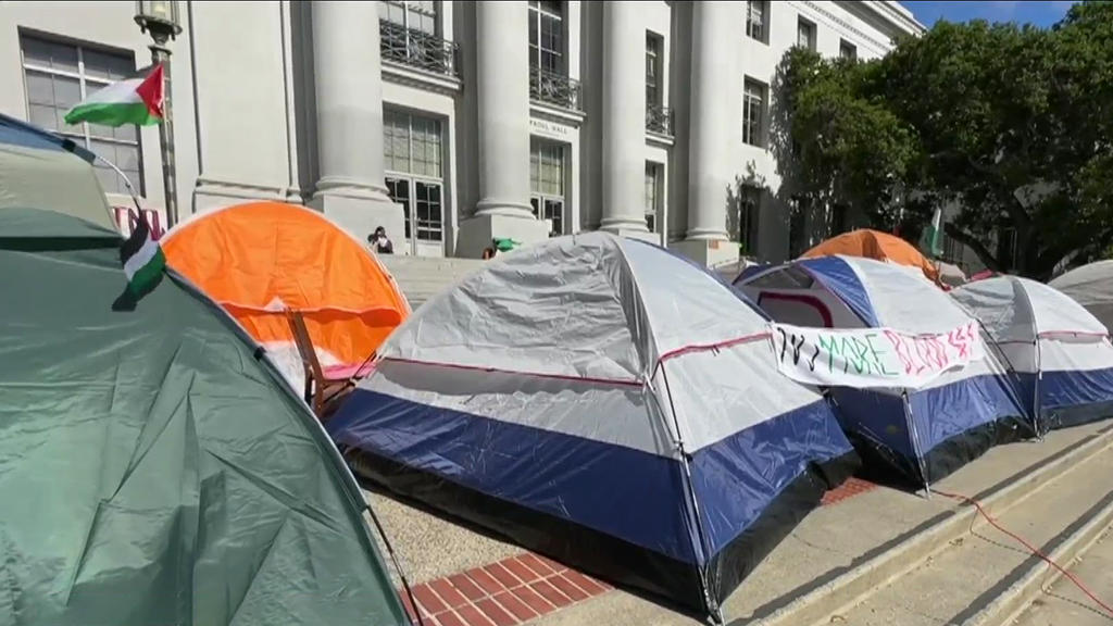 Pro-Palestinian demonstrators at UC Berkeley demand action from
university