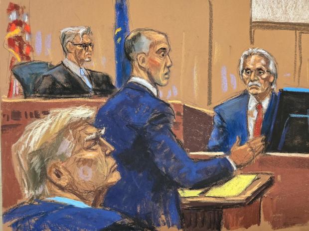 Defense attorney Emil Bove cross-examines David Pecker during former President Donald Trump's criminal trial in New York on Friday, April 26, 2024. 