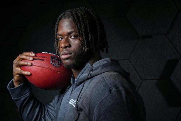 Offensive tackle Olumuyiwa Fashanu of the Penn State Nittany Lions poses for portraits at the Indiana Convention Center on March 1, 2024 in Indianapolis, Indiana.