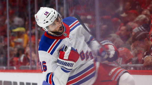 Vincent Trocheck #16 of the New York Rangers celebrates a goal against the Washington Capitals in Game Three of the First Round of the 2024 Stanley Cup Playoffs at Capital One Arena on April 26, 2024 in Washington, D.C. 