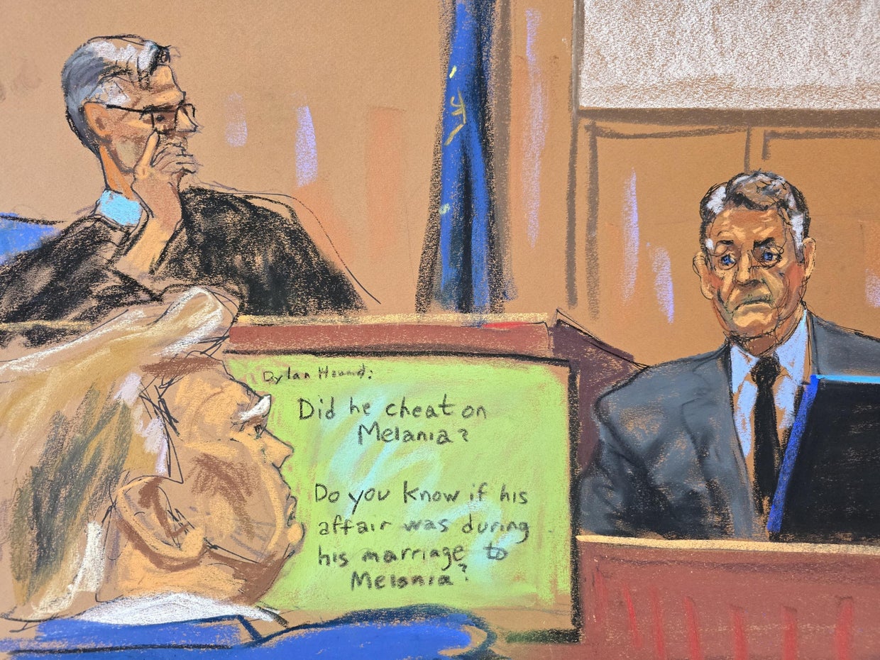 Attorney Keith Davidson testifies at former President Donald Trump's criminal trial in New York as text messages from Dylan Howard are displayed on a screen on Tuesday, April 30, 2024. 