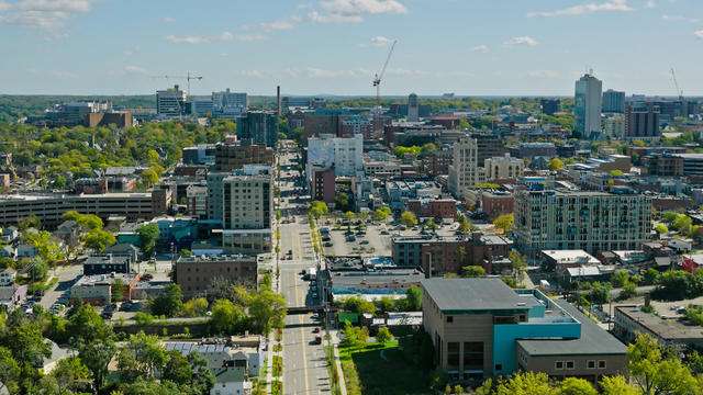 Drone View of Downtown Ann Arbor, Michigan on Mostly Clear Day 