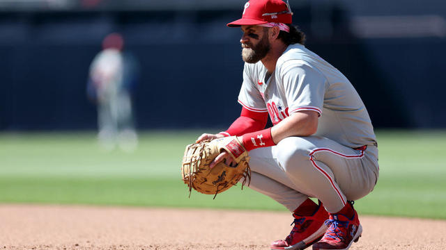 Phillies first baseman Bryce Harper squats during a game at Petco Park in San Diego 