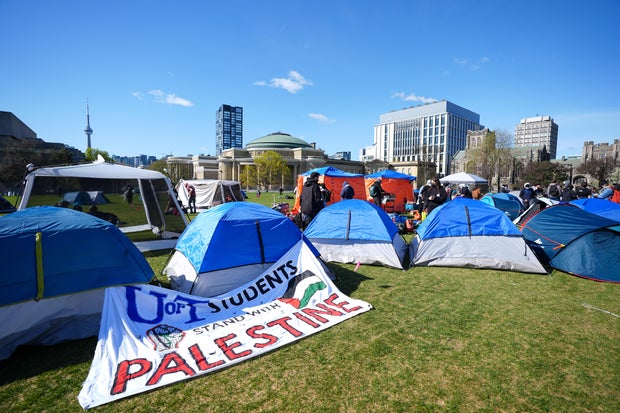 Pro-Palestinian students and other protesters set up camp on the University of Toronto campus in solidarity with Palestinians, at King's College Circle in Toronto, Ontario, on May 2, 2024.
