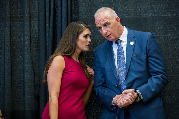 Hope Hicks speaks with Keith Schiller at a Trump campaign event on Aug. 19, 2015, in Derry, New Hampshire. 