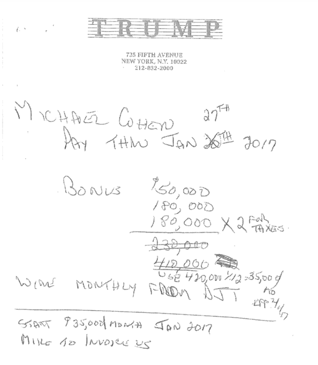 Handwritten notes from Jeffrey McConney showing the math behind payments to Michael Cohen, as shown at former President Donald Trump's trial in New York on Monday, May 6, 2024. 