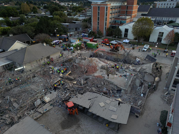 A drone view of the scene of a building collapse where several construction workers are thought to be trapped in George 
