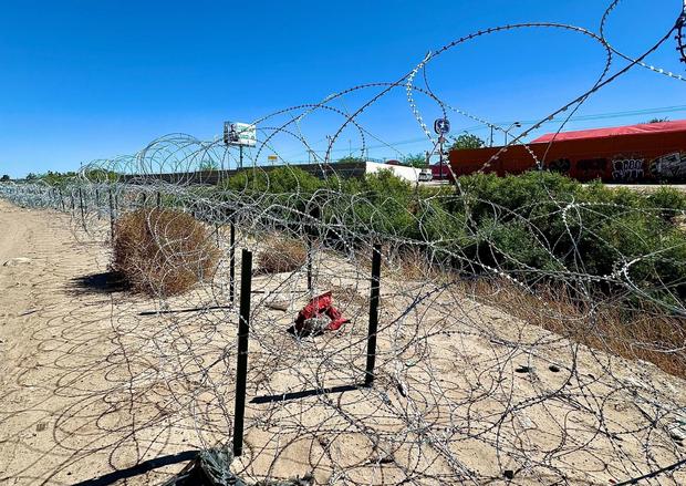 Barbed wire that has been installed by Texas along the U.S.-Mexico border in El Paso as seen on Monday, April 29, 2024. 