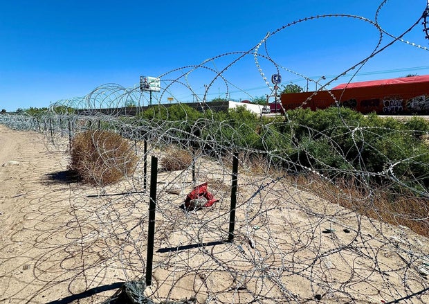 Barbed wire that has been installed by Texas along the U.S.-Mexico border in El Paso as seen on Monday, April 29, 2024.