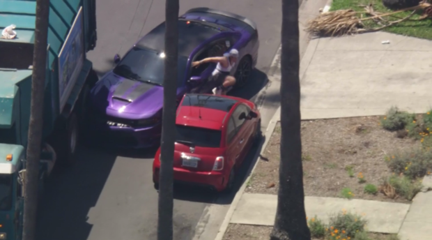 Suspect in stolen purple car led LAPD on brief chase - CBS Los Angeles