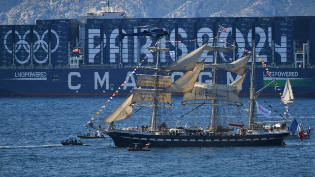 The French 19th-century three-masted schooner Belem is seen from the Palais du Pharo in the southern port city of Marseille, May 8, 2024, before the Olympic flame arrival ceremony, ahead of the 2024 Paris Olympic and Paralympic Games. 