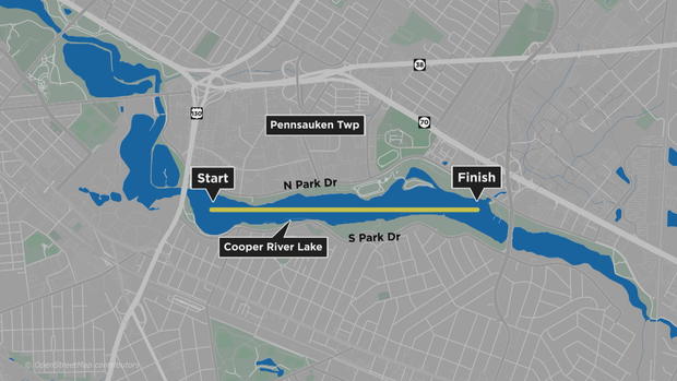 A map showing where the regatta will be on the Cooper River near Pennsauken Township 