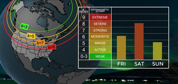 Map shows the aurora borealis (northern lights) forecast for May 10-12, 2024.