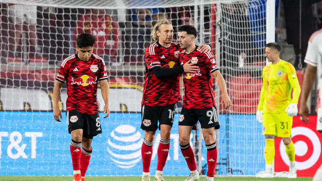 Emil Forsberg #10 of the New York Red Bulls celebrates scoring with Lewis Morgan #9 during the first half against the New England Revolution at Red Bull Arena on May 11, 2024 in Harrison, New Jersey. 