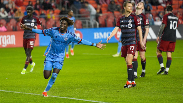 Malachi Jones of New York City FC celebrates after scoring a goal during MLS League match between Toronto FC and New York City FC at BMO Field in Toronto, Canada on May 11, 2024. 