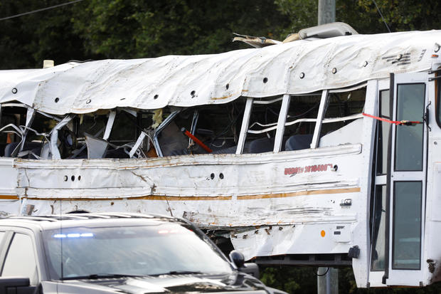 A bus that overturned in a fatal crash near Dunnellon, Florida, is seen May 14, 2024. 