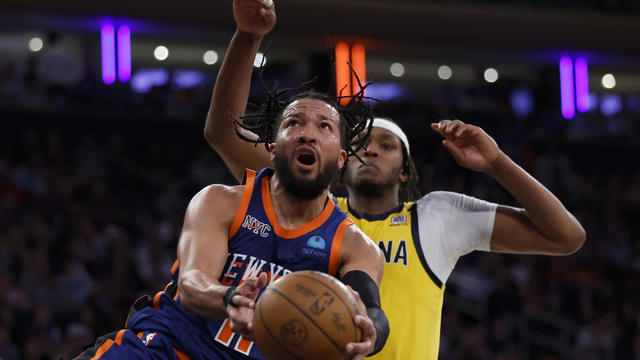 Jalen Brunson #11 of the New York Knicks drives to the basket during the fourth quarter against the Indiana Pacers in Game Five of the Eastern Conference Second Round Playoffs at Madison Square Garden on May 14, 2024 in New York City. 