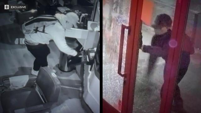 Two still images from surveillance videos side by side. On the left, a black-and-white image of a man looking through drawers inside a barbershop. On the right, an image of an individual standing outside a restaurant after shattering a glass window. 