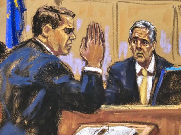 Michael Cohen faces questioning from defense attorney Todd Blanche at former President Donald Trump's trial in New York on Thursday, May 16, 2024. 