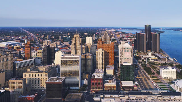 Detroit Michigan Downtown skyline Aerial Sunset 