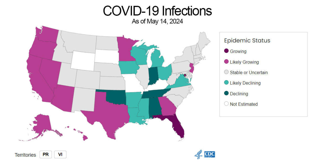 Map shows states where COVID is "likely growing"
