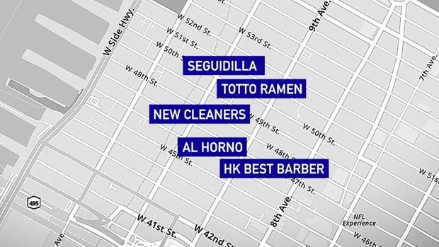 A map showing the locations of five businesses in Hell's Kitchen. 