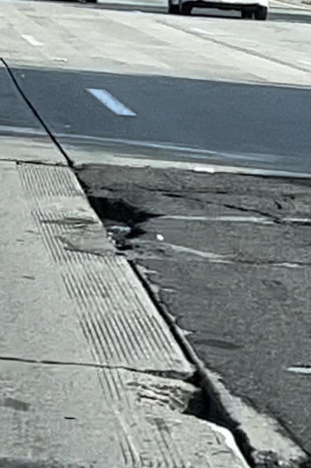 The pothole that hit Angie Rubin on the 101 South Freeway in April 2022. 