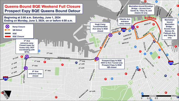 Queens-bound BQE June 1-3, 2024 closure -- Prospect Expressway detour map 