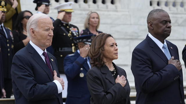 President Joe Biden, left, joined by Vice President Kamala Harris, center, and Defense Secretary Lloyd Austin, right. 