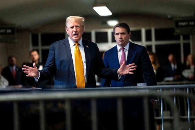 Former President Donald Trump and Todd Blanche speak to members of the media at Manhattan Criminal Court in New York on Wednesday, May 29, 2024.