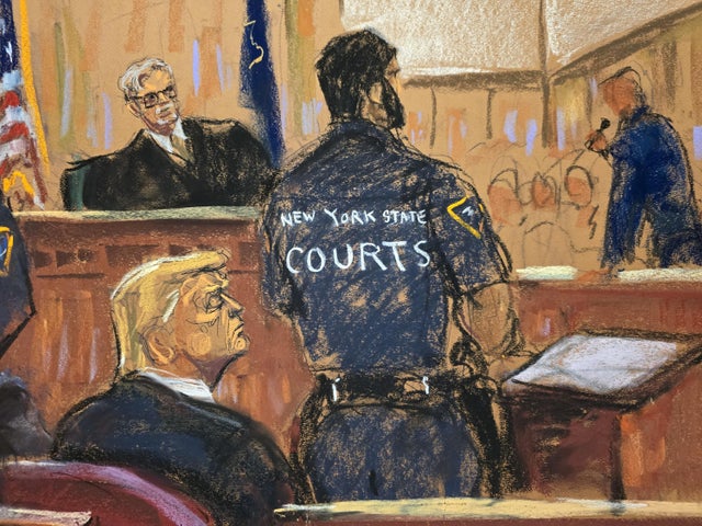 Former President Donald Trump listens as the foreperson of the jury in his "hush money" trial reads the verdict convicting him of 34 felony counts on Thursday, May 30, 2024. 