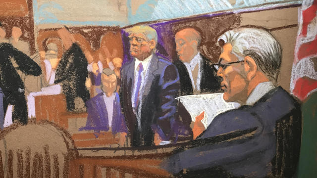 A court sketch showing Donald Trump inside a Manhattan courtroom. 