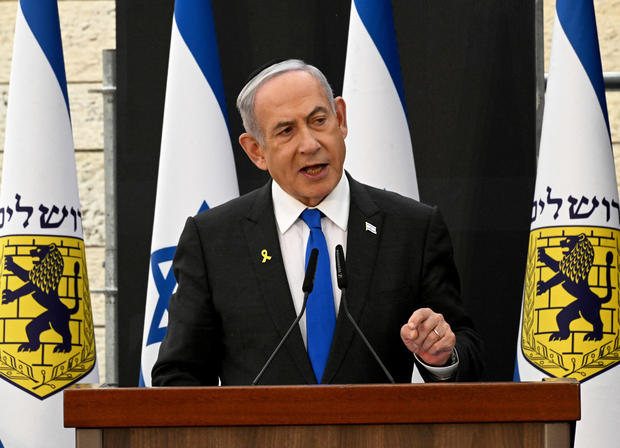 Israeli Prime Minister Benjamin Netanyahu gives a speech during a ceremony on the eve of the Memorial Day for fallen soldiers at the Yad LaBanim Memorial in Jerusalem on May 12, 2024. 