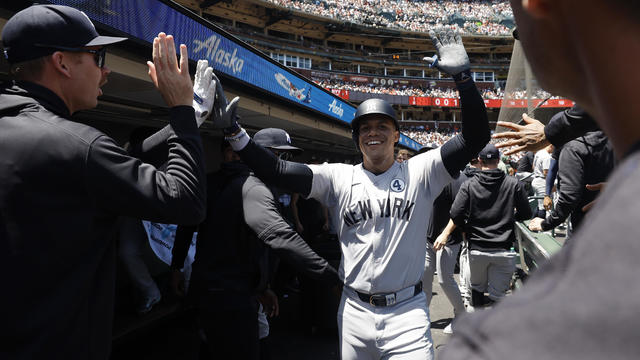 Juan Soto #22 of the New York Yankees celebrates in the dugout after hitting a home run during the game between the New York Yankees and the San Francisco Giants at Oracle Park on Sunday, June 2, 2024 in San Francisco, California. 