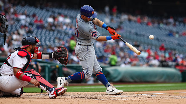Luis Torrens #13 of the New York Mets hits a home run against the Washington Nationals during the third inning at Nationals Park on June 5, 2024 in Washington, DC. 